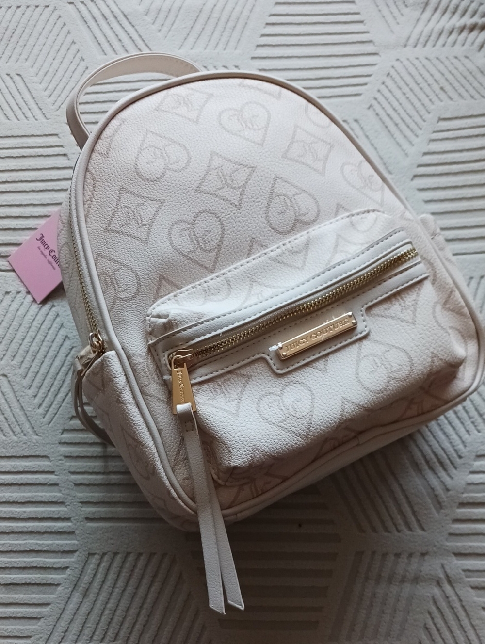 Juicy Couture Cream Heart Monogram Mini Backpack with Gold Accents